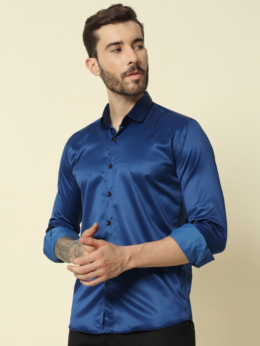 Solid Shiny Solid Dark Blue Shirt For Men.