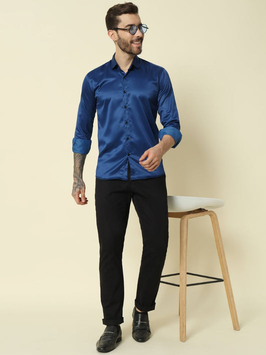 Solid Shiny Solid Dark Blue Shirt For Men.