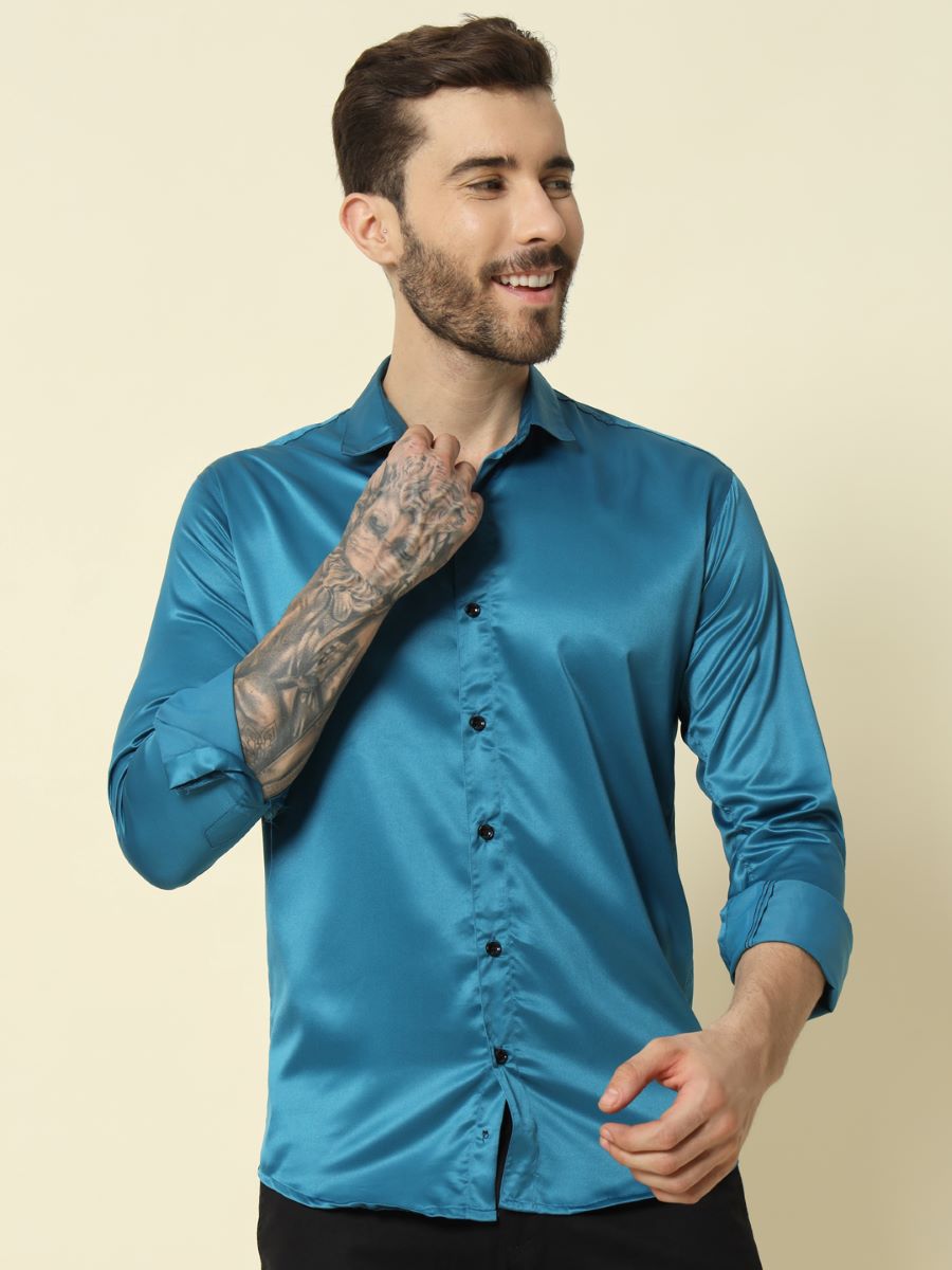 Solid Shiny Solid Teal Shirt For Men.