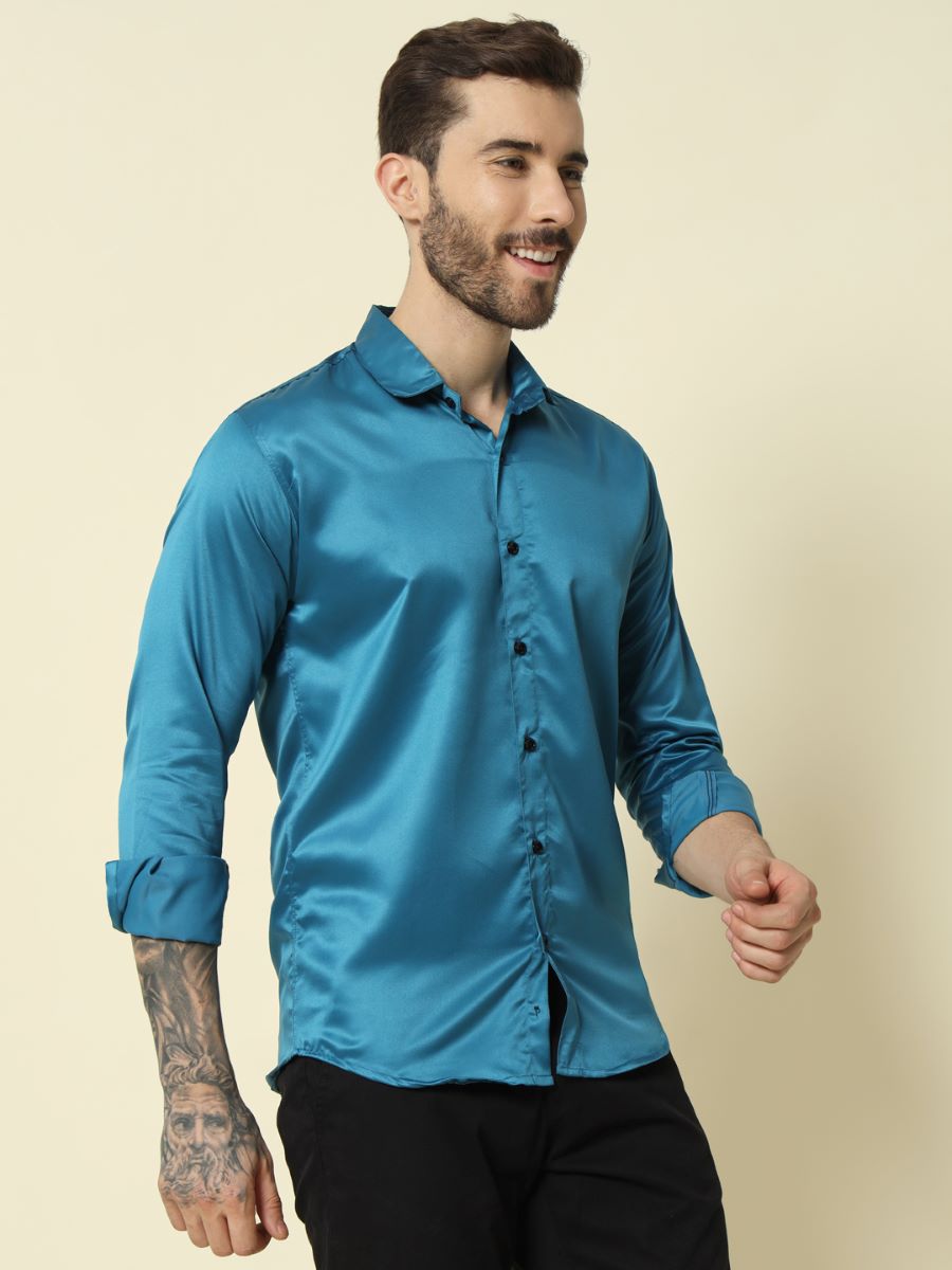 Solid Shiny Solid Teal Shirt For Men.