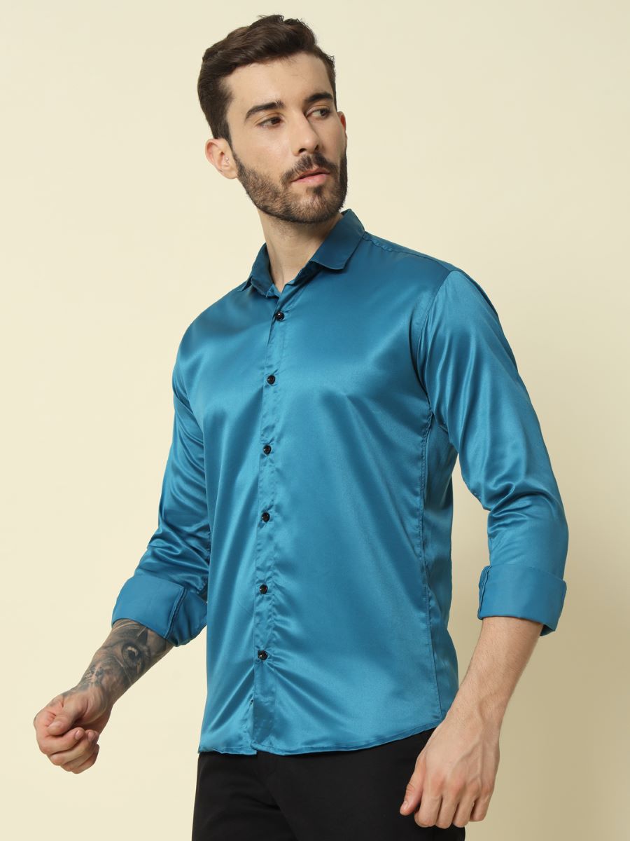 Solid Shiny Solid Teal Shirt For Men.