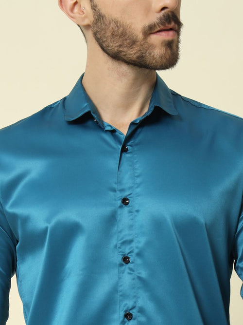 Solid Shiny Solid Teal Shirt For Men.