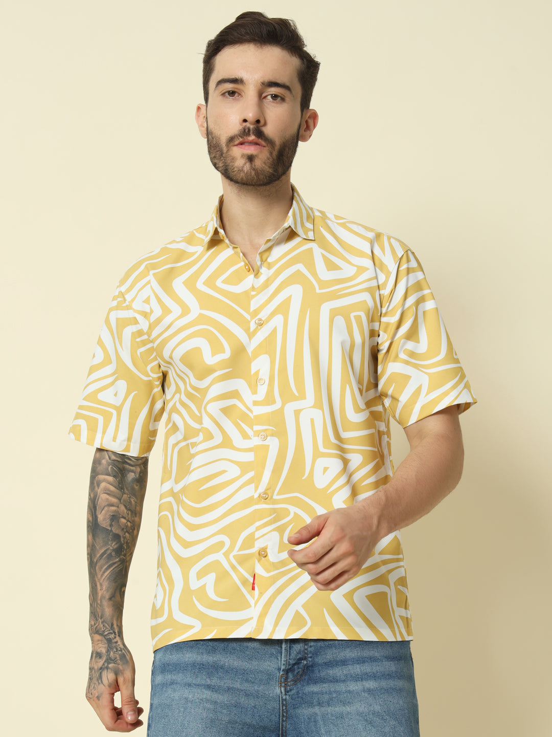 Yellow Abstract Printed Shirt For Men.