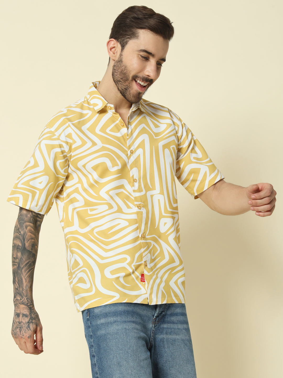 Yellow Abstract Printed Shirt For Men.