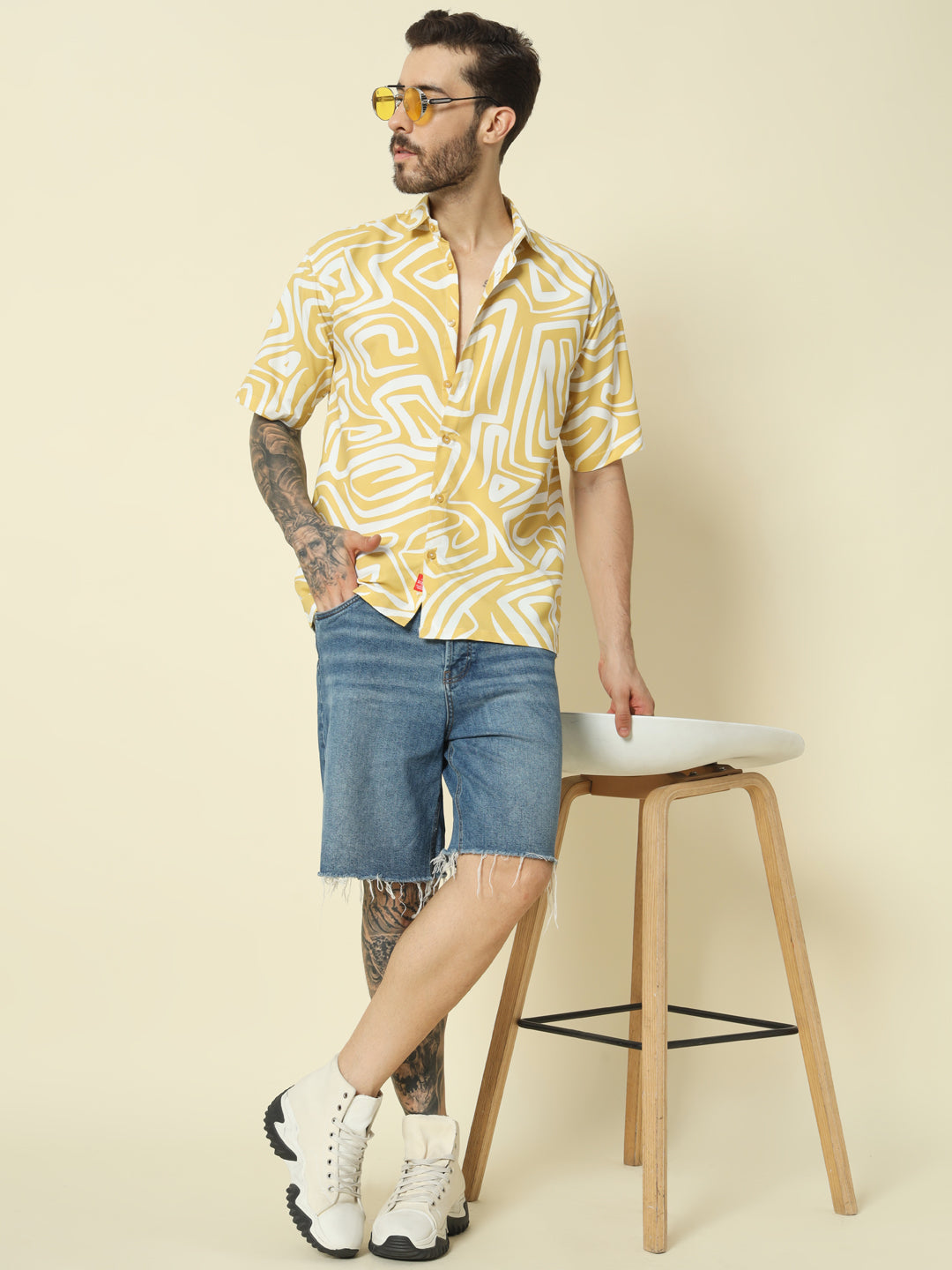 Yellow Abstract Printed Shirt For Men.