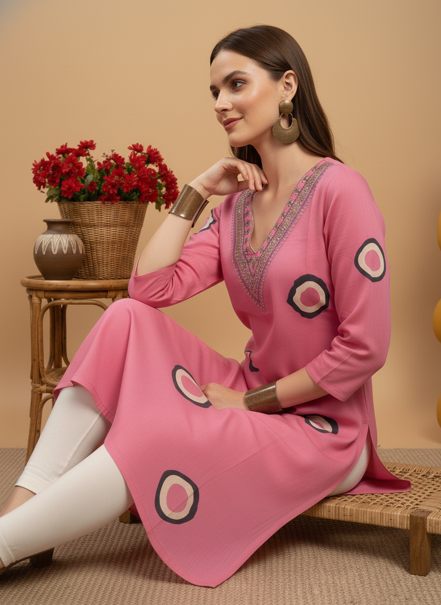 Pink Printed Embroidered Pure Cotton Straight Kurta.