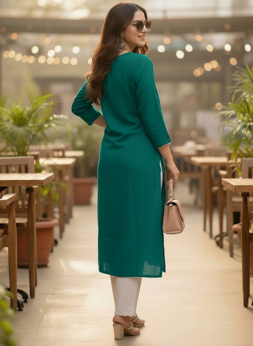 Teal Green Printed Embroidered Pure Cotton Straight Kurta.