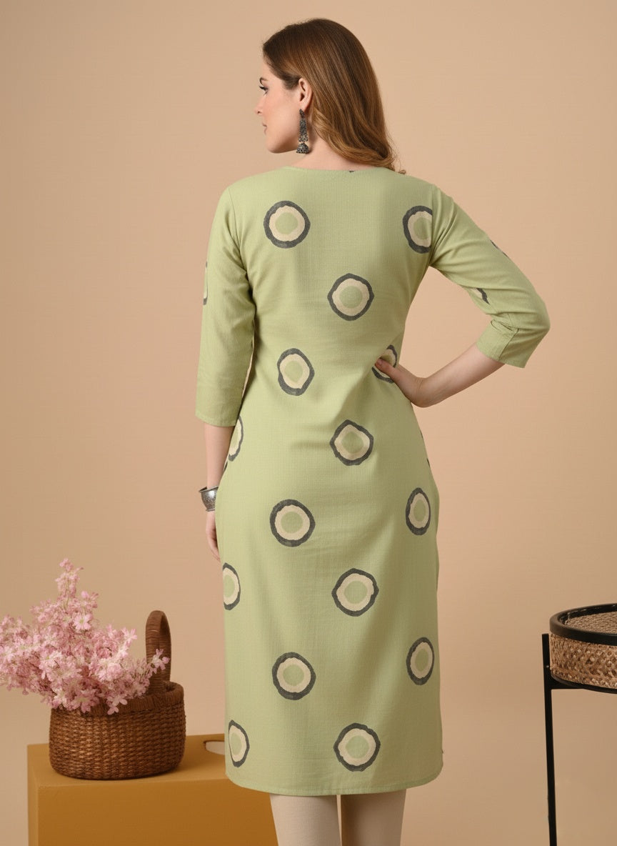 Green Printed Embroidered Pure Cotton Straight Kurta.
