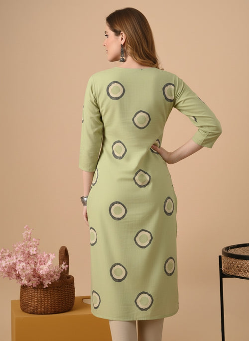 Green Printed Embroidered Pure Cotton Straight Kurta.