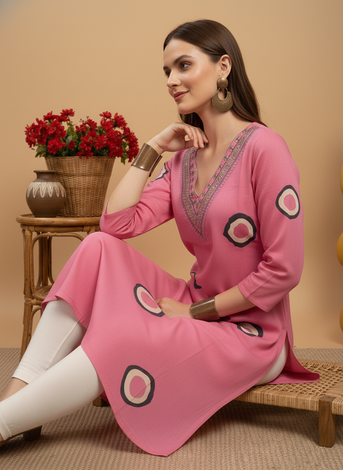 Pink Printed Embroidered Pure Cotton Straight Kurta.