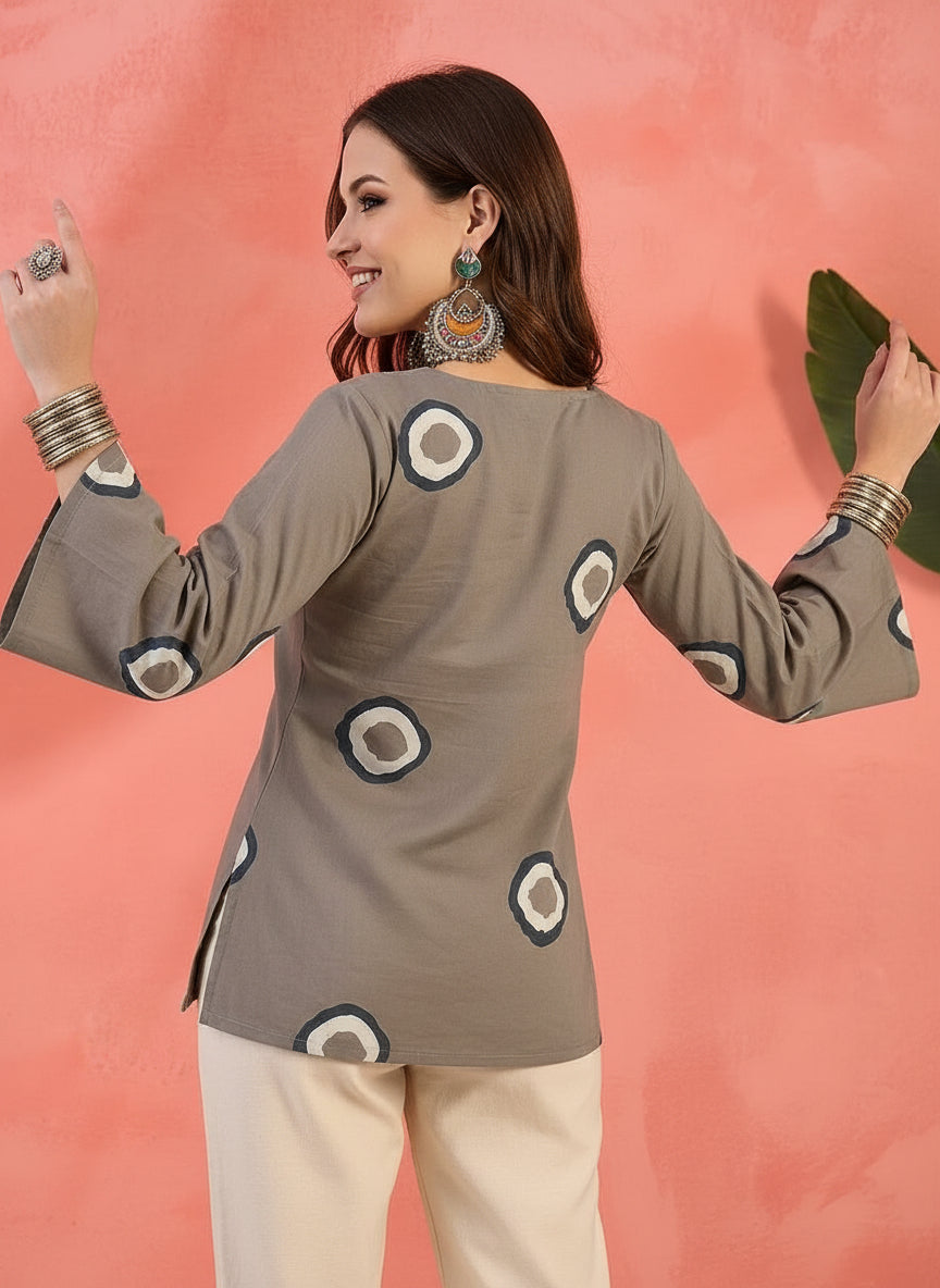 Grey Printed Square-Neck Pure Cotton Short Kurti.