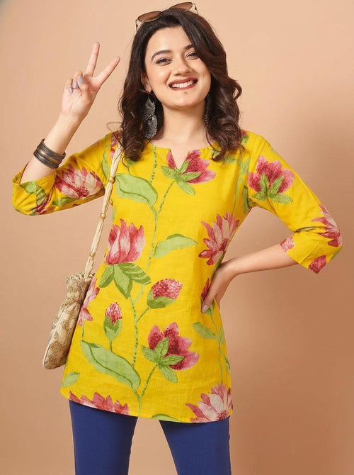 Floral Printed Yellow Pure Cotton Short Kurti.