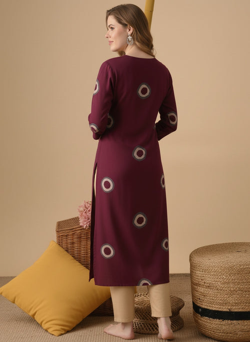 Maroon Printed Embroidered Pure Cotton Straight Kurta.