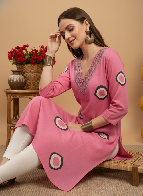 Pink Printed Embroidered Pure Cotton Straight Kurta.