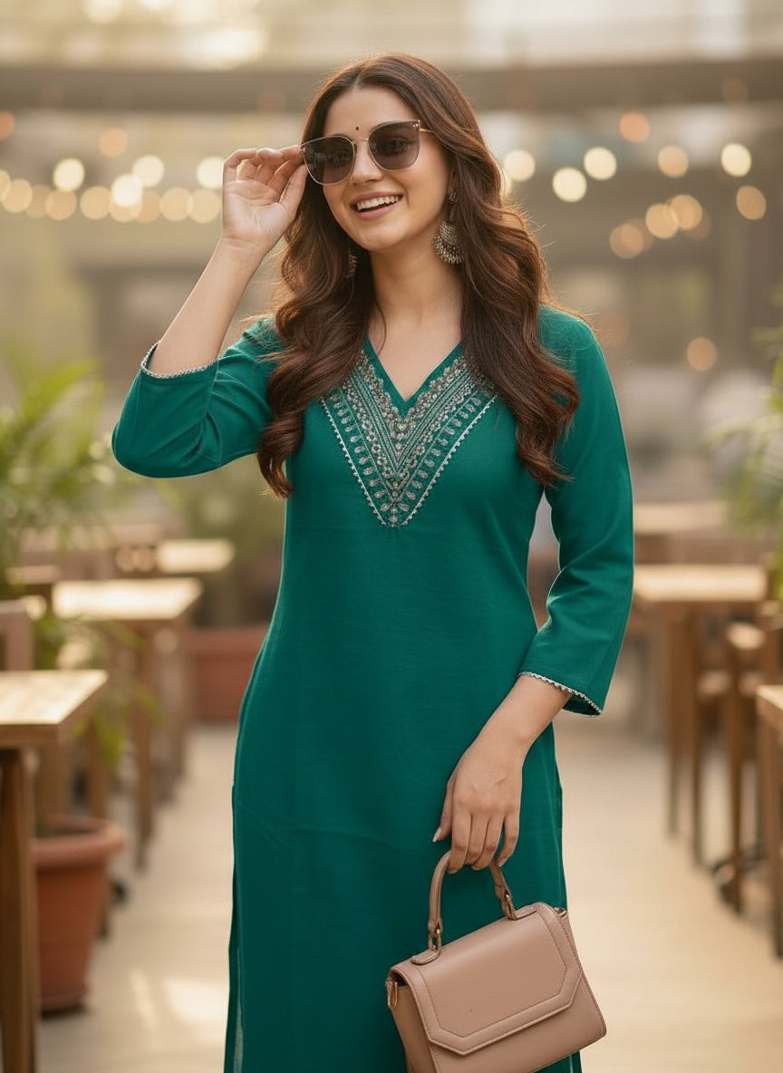 Teal Green Printed Embroidered Pure Cotton Straight Kurta.