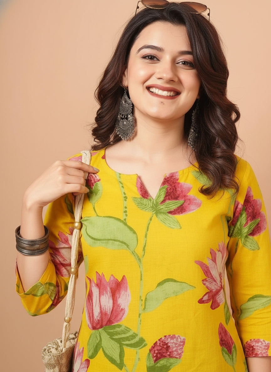 Floral Printed Yellow Pure Cotton Short Kurti.