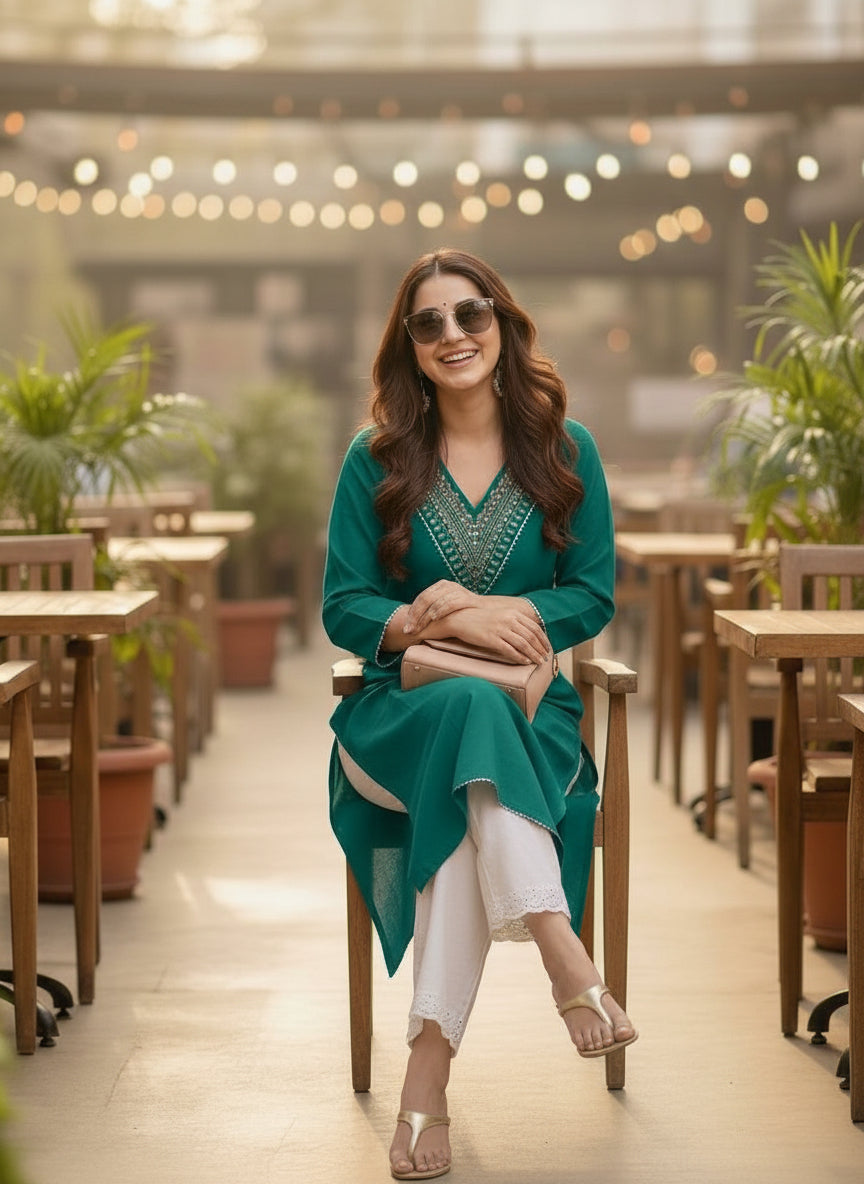 Teal Green Printed Embroidered Pure Cotton Straight Kurta.