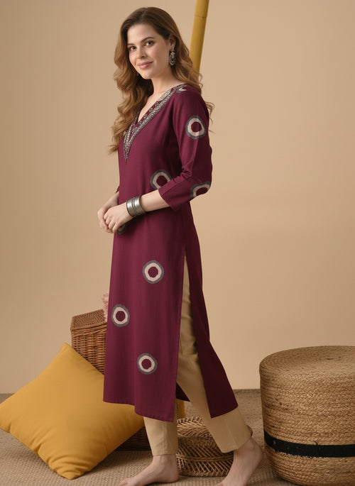 Maroon Printed Embroidered Pure Cotton Straight Kurta.