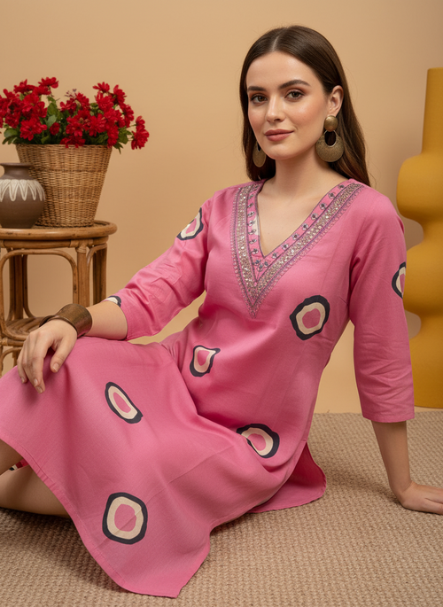 Pink Printed Embroidered Pure Cotton Straight Kurta.