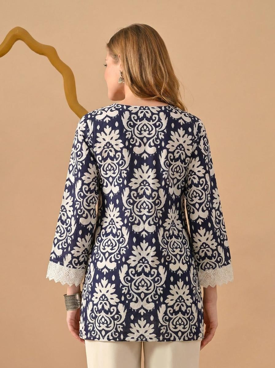 Floral Print Navy Blue & White Pure Cotton Short Kurti.