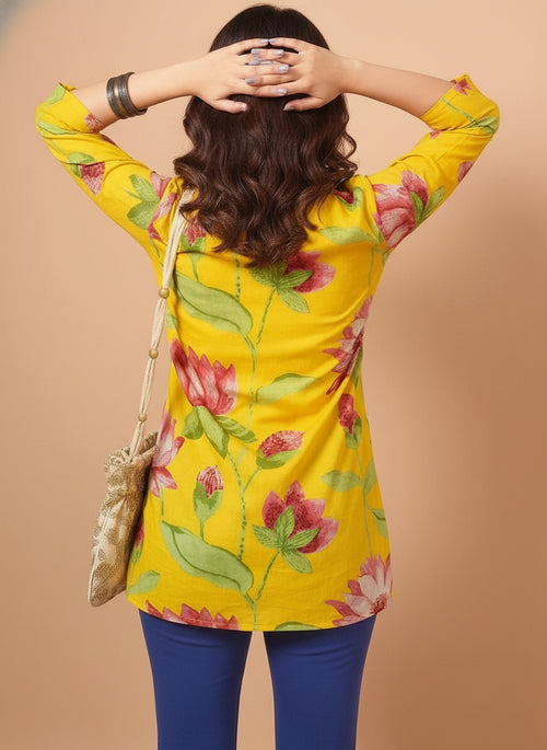 Floral Printed Yellow Pure Cotton Short Kurti.