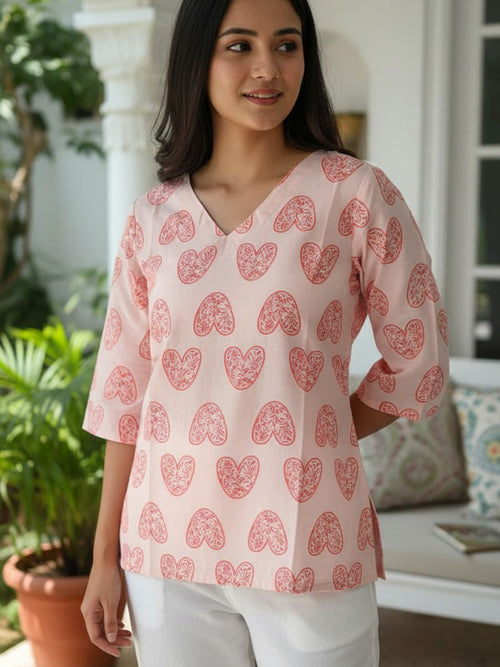 Pink Heart Motif Printed Pure Cotton Short Kurti.