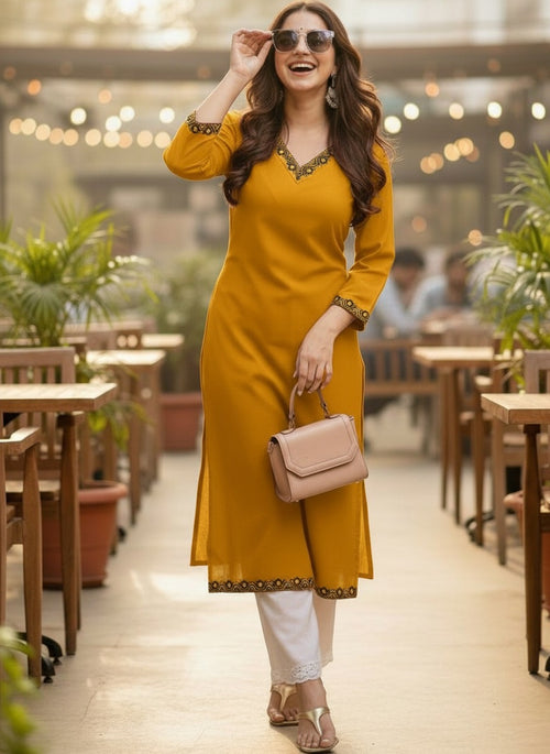 Yellow Solid Embroidered Pure Cotton Straight Kurta