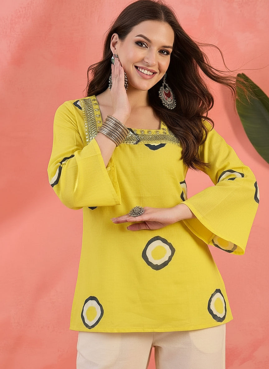 Yellow Printed Square-Neck Pure Cotton Short Kurti.