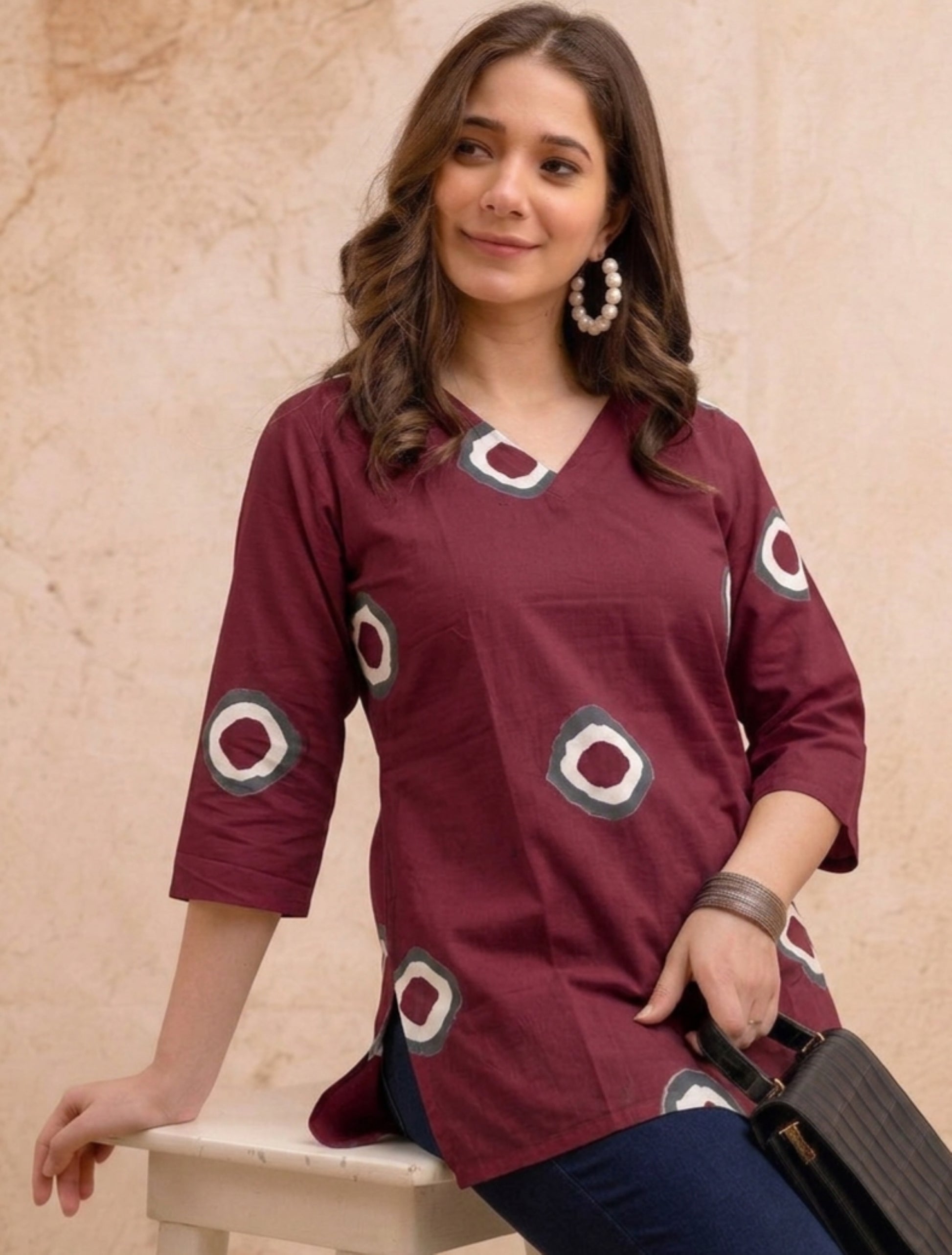 Maroon Circular Print Pure Cotton Short Kurti.