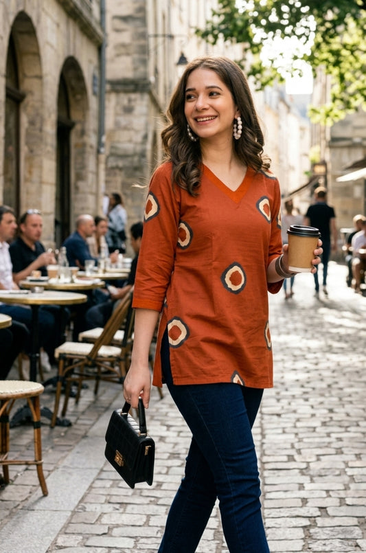 Orange Circular Print Pure Cotton Short Kurti.
