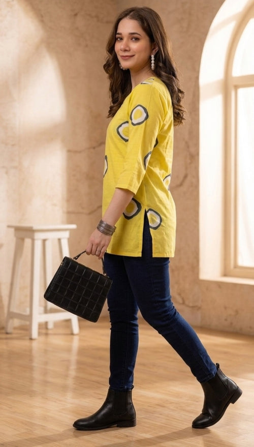 Yellow Circular Printed Pure Cotton Short Kurti.