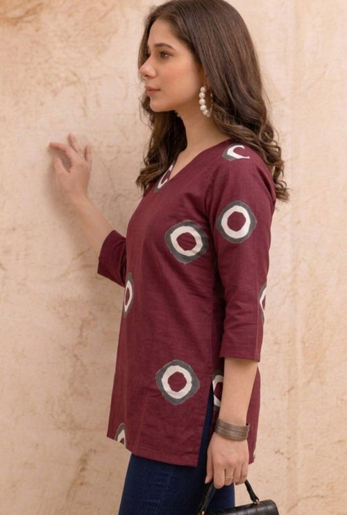 Maroon Circular Print Pure Cotton Short Kurti.