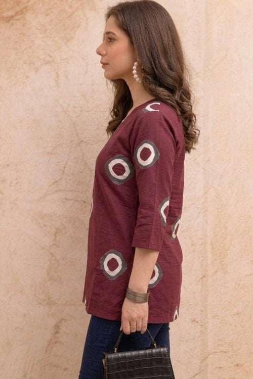 Maroon Circular Print Pure Cotton Short Kurti.