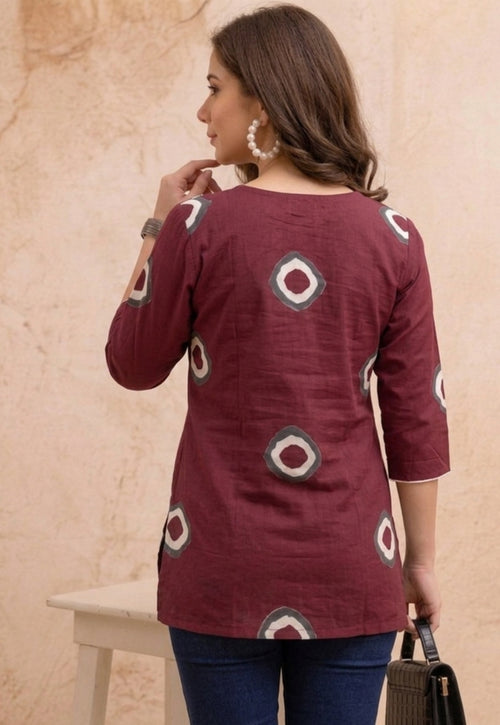 Maroon Circular Print Pure Cotton Short Kurti.