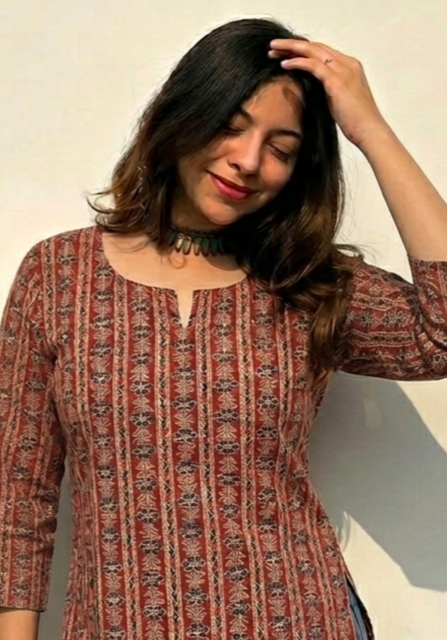 Ethnic Striped Printed Rust Brown Pure Cotton Short Kurti.