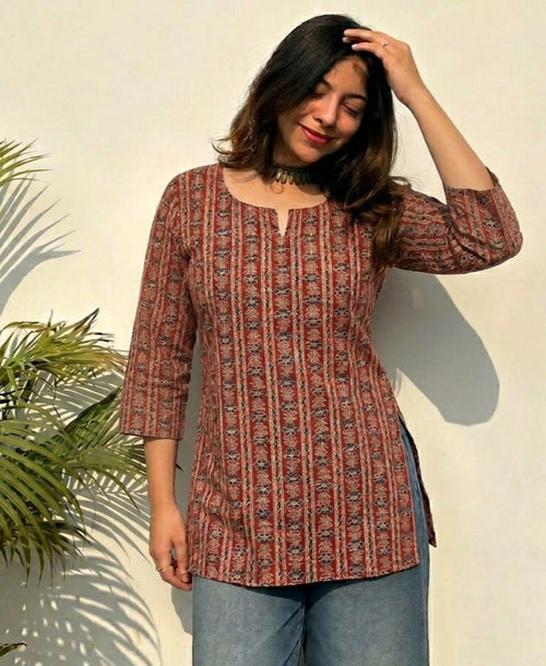 Ethnic Striped Printed Rust Brown Pure Cotton Short Kurti.