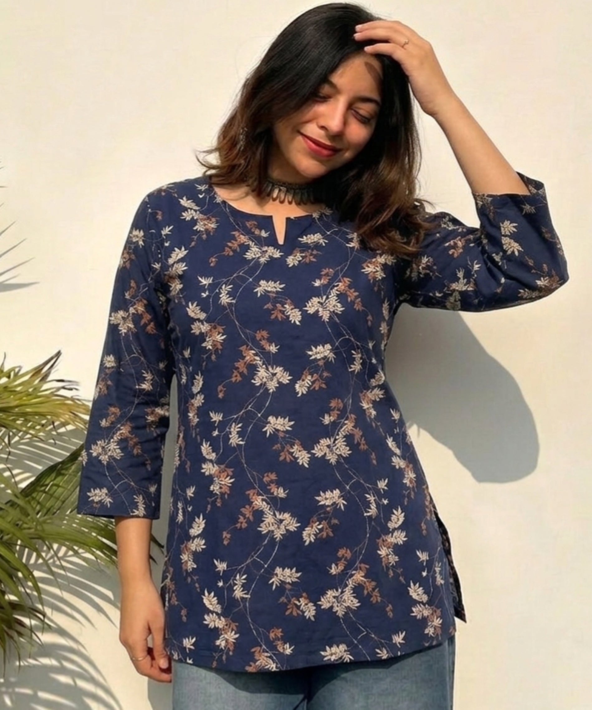 Floral Printed Navy blue Pure Cotton Short Kurti.