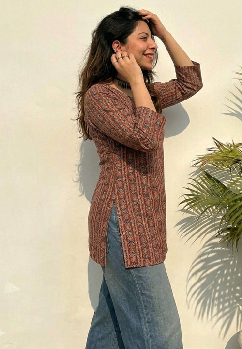 Ethnic Striped Printed Rust Brown Pure Cotton Short Kurti.