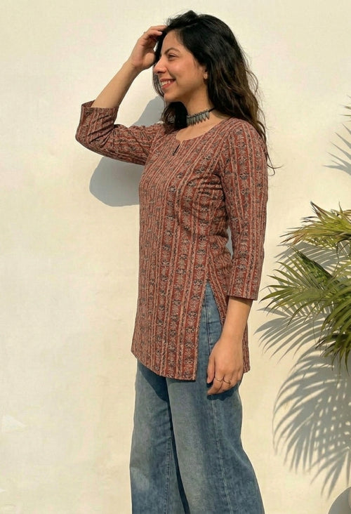 Ethnic Striped Printed Rust Brown Pure Cotton Short Kurti.