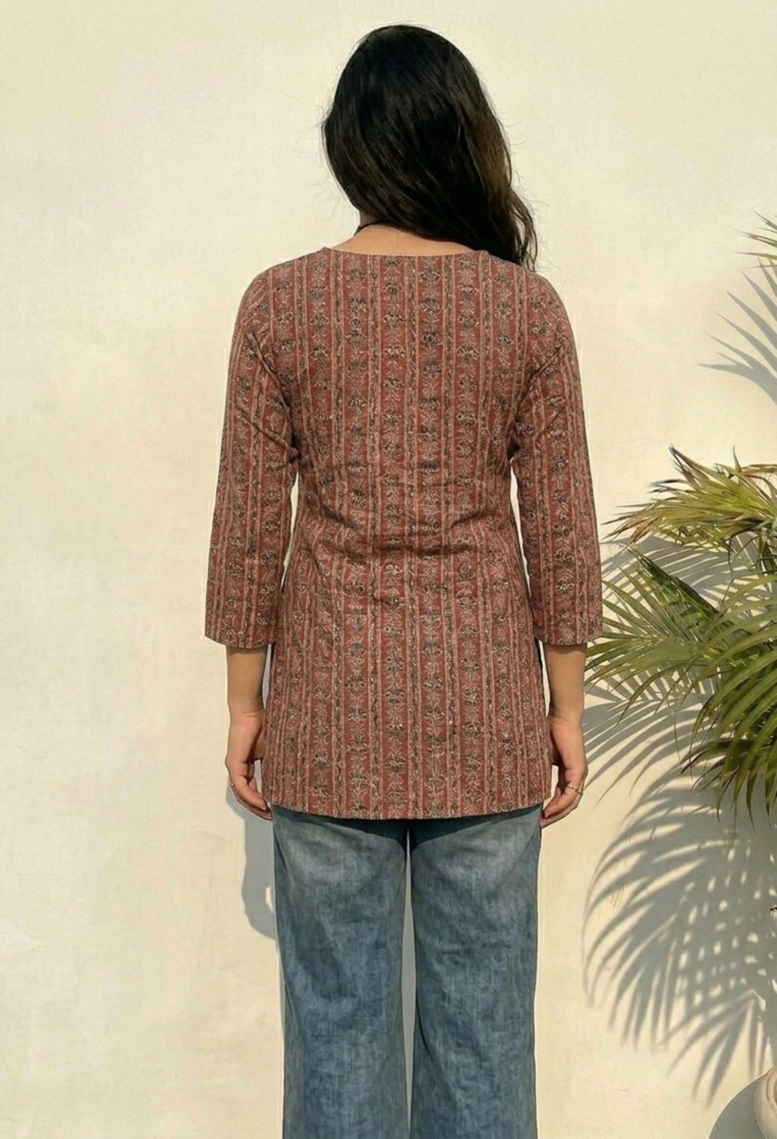 Ethnic Striped Printed Rust Brown Pure Cotton Short Kurti.