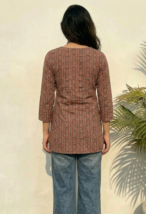 Ethnic Striped Printed Rust Brown Pure Cotton Short Kurti.