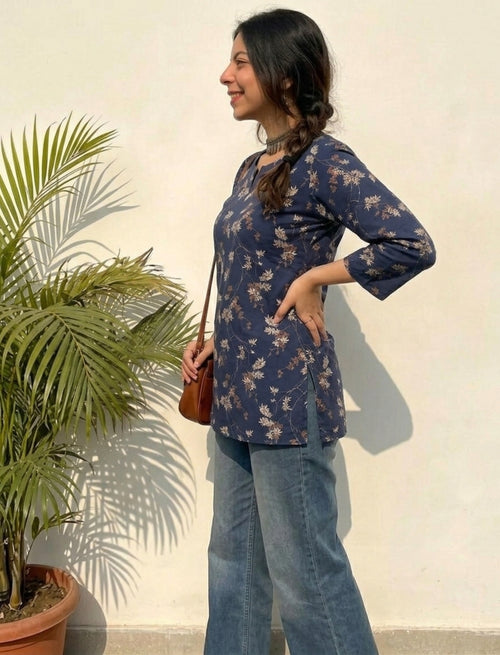 Floral Printed Navy blue Pure Cotton Short Kurti.