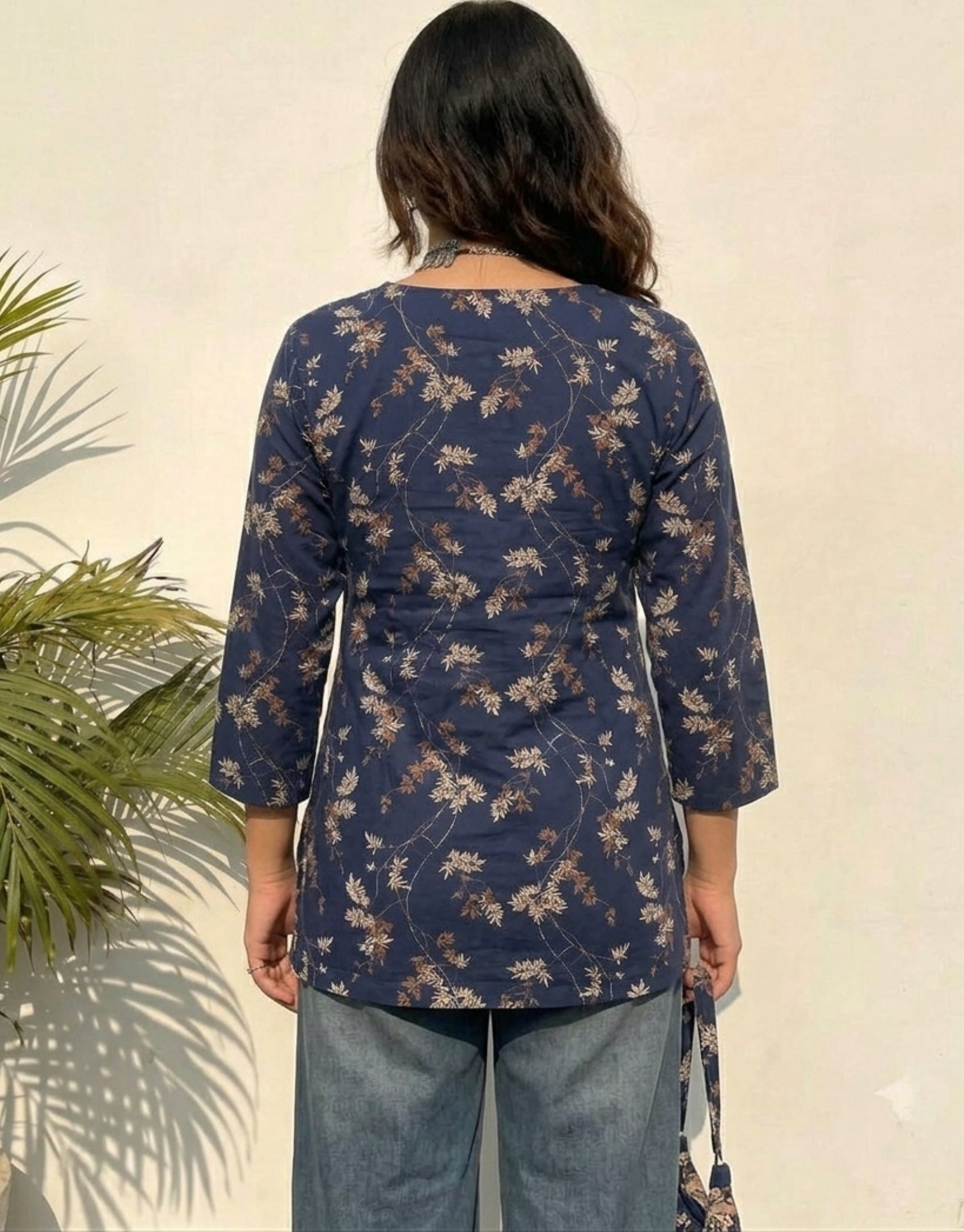 Floral Printed Navy blue Pure Cotton Short Kurti.