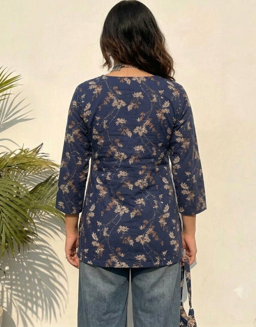 Floral Printed Navy blue Pure Cotton Short Kurti.