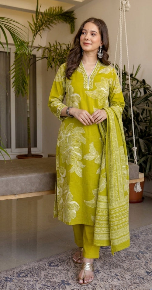 Green Printed Embroidered Kurta , Pant And Dupatta set.