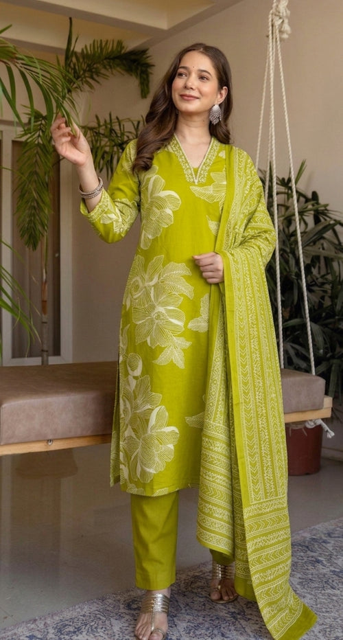 Green Printed Embroidered Kurta , Pant And Dupatta set.