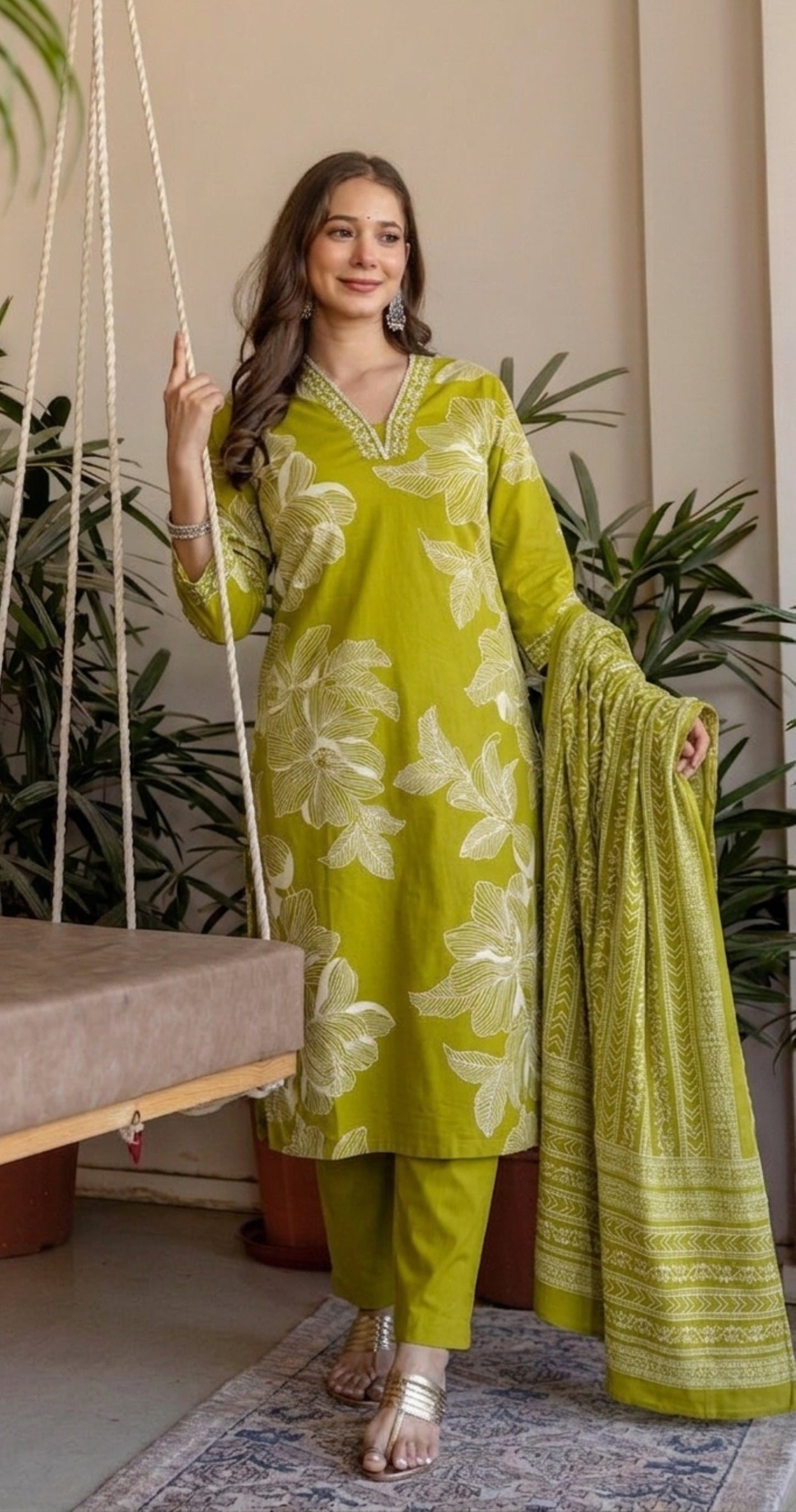 Green Printed Embroidered Kurta , Pant And Dupatta set.