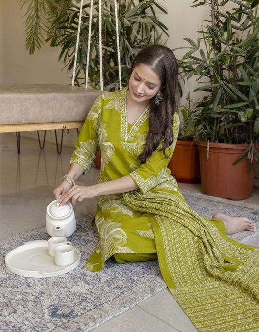 Green Printed Embroidered Kurta , Pant And Dupatta set.