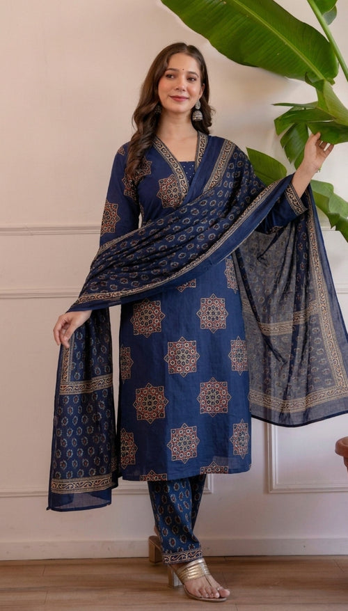 Navy Blue Printed Embroidered Kurta , Pant And Dupatta set.