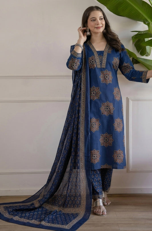 Navy Blue Printed Embroidered Kurta , Pant And Dupatta set.